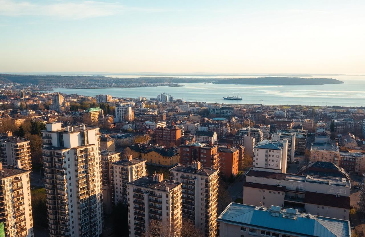 Oslo sett fra luften med boligbebyggelse og Oslofjorden i bakgrunnen