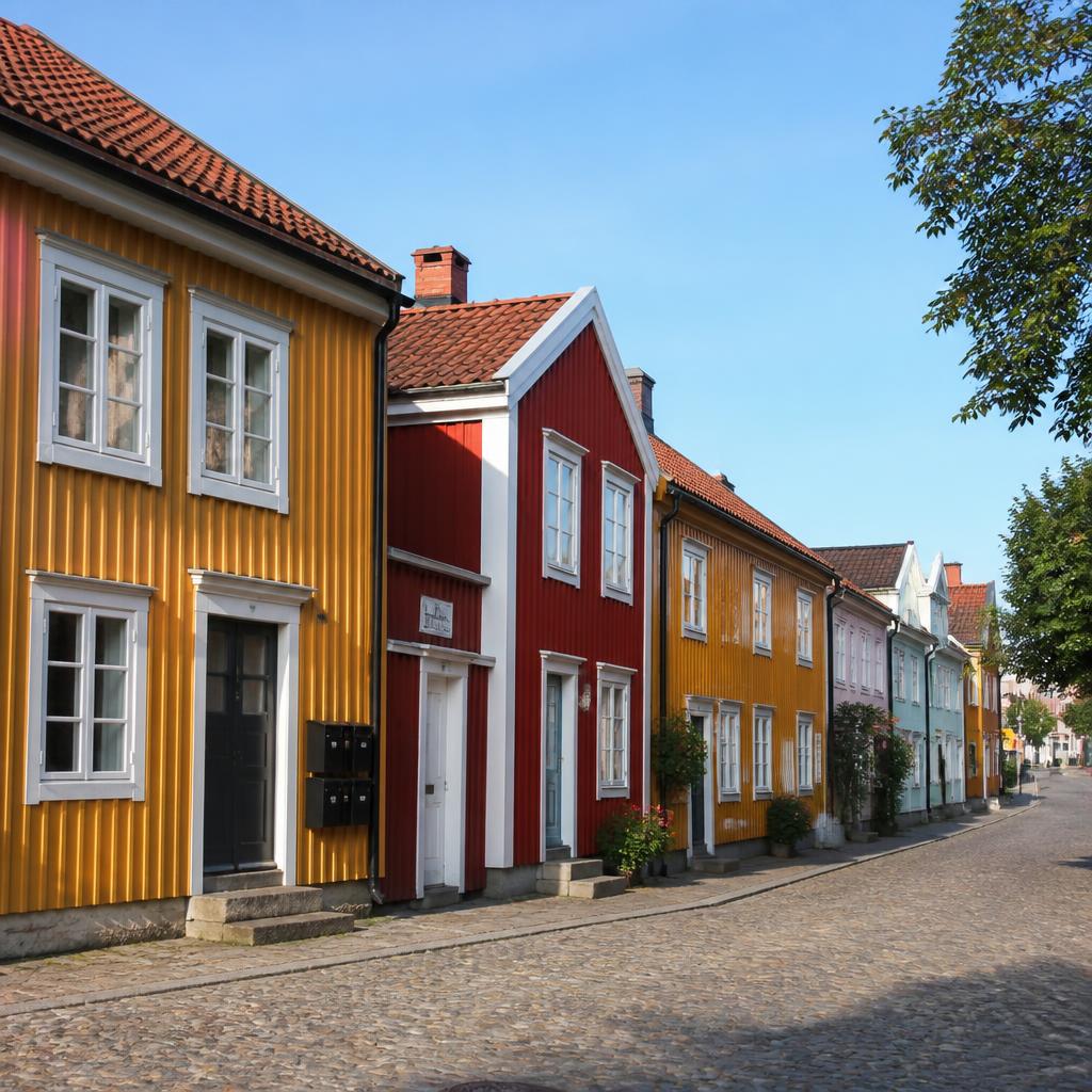 Fargerike trehus i Gamlebyen i Fredrikstad med tegltak