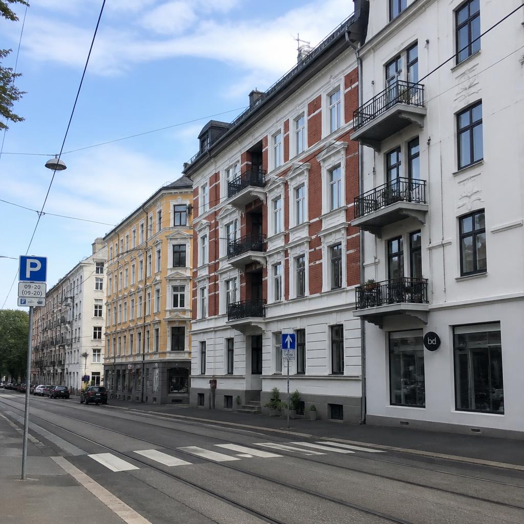 Fargerike murgårder på Majorstuen i Oslo med balkonger og trikkeskinner